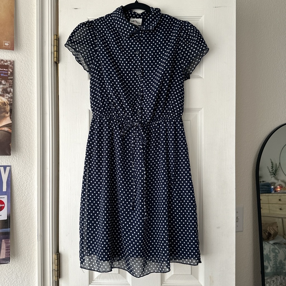 vintage inspired navy polka dot dress